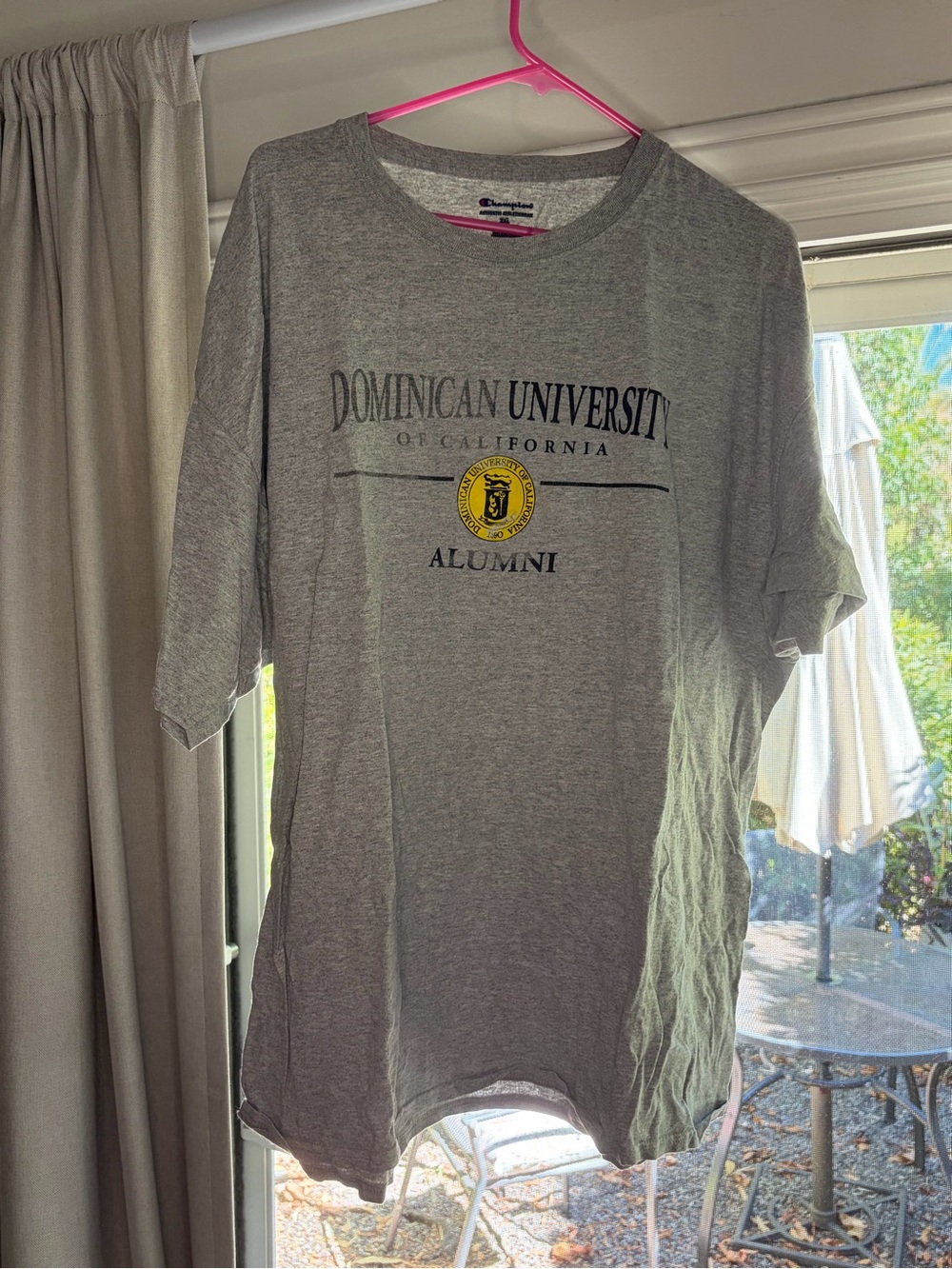 Champion Gray Dominican University of California Alumni Tee with Yellow Seal